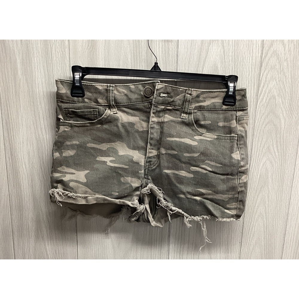 SO High Rise Shortie Juniors (Size 13/31W) Camo Denim Cut Off Fringe